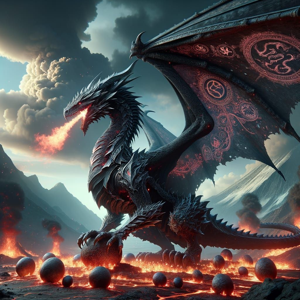 Mighty huge black and silver dragon with large burning wings breathing crimson-red fire, firce and magnificient, detailed scales with ancient symbols on the wings, hatching dragon eggs...