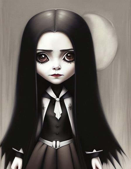 Chibi Gothic Wednesday Addams in Cemetery