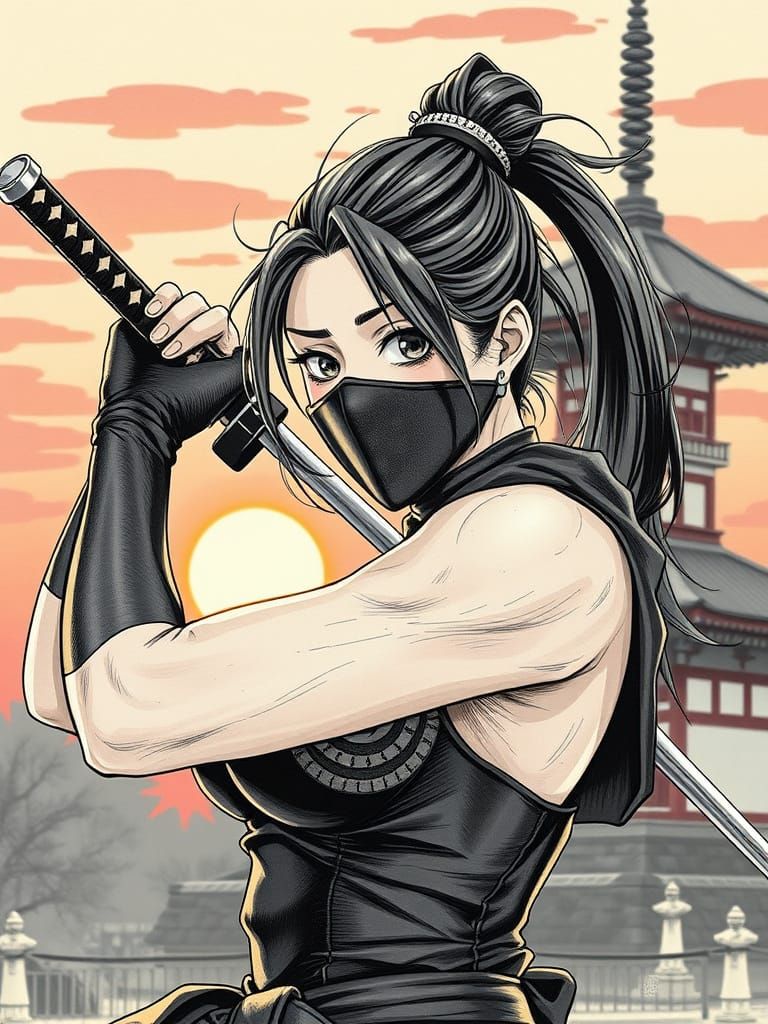 Athletic Japanese Woman with Katana, Manga Style Wallpaper