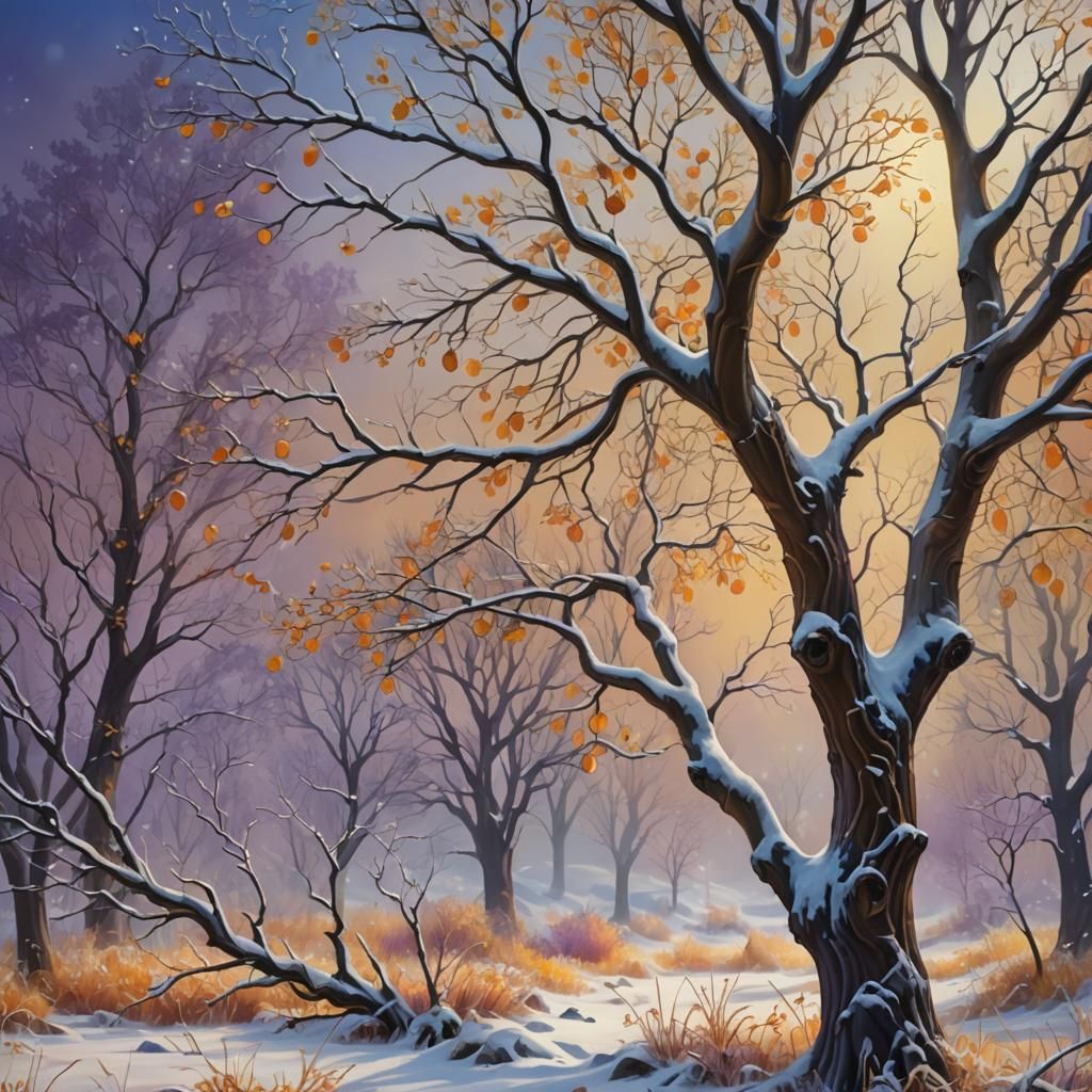 Autumn Tree in Snowy Landscape: Fantasy Matte Painting