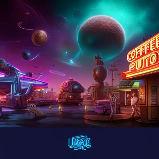 Friends at a coffee shop ; neon Pluto billboard ; in outer s...