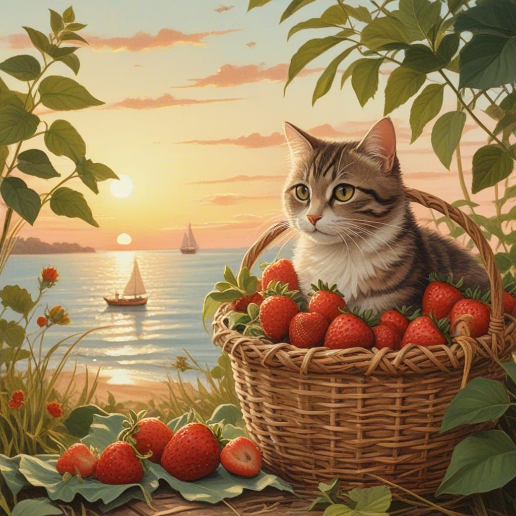 Whimsical Gouache Painting of a Cat Sailing on a Sea of Stra...