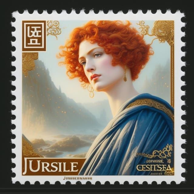 postage stamp of Gorgeous curly red-headed goddess, finely detailed eyes, intricate design head portrait, ...  by @Balanth