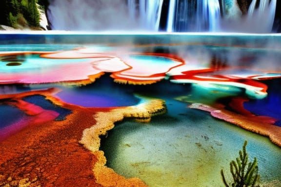 Hot springs at Yellowstone, ice-blue waters, copper colored ...