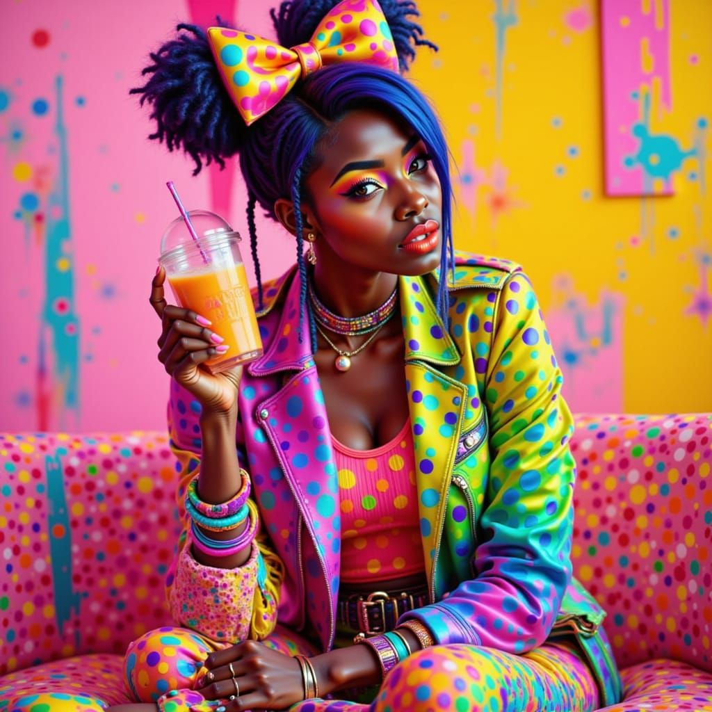 Polka dots checks and stripes-yikes!
 African American with rainbow hair  Cute quirky gamer girl twenty something in an outfit with polka do...