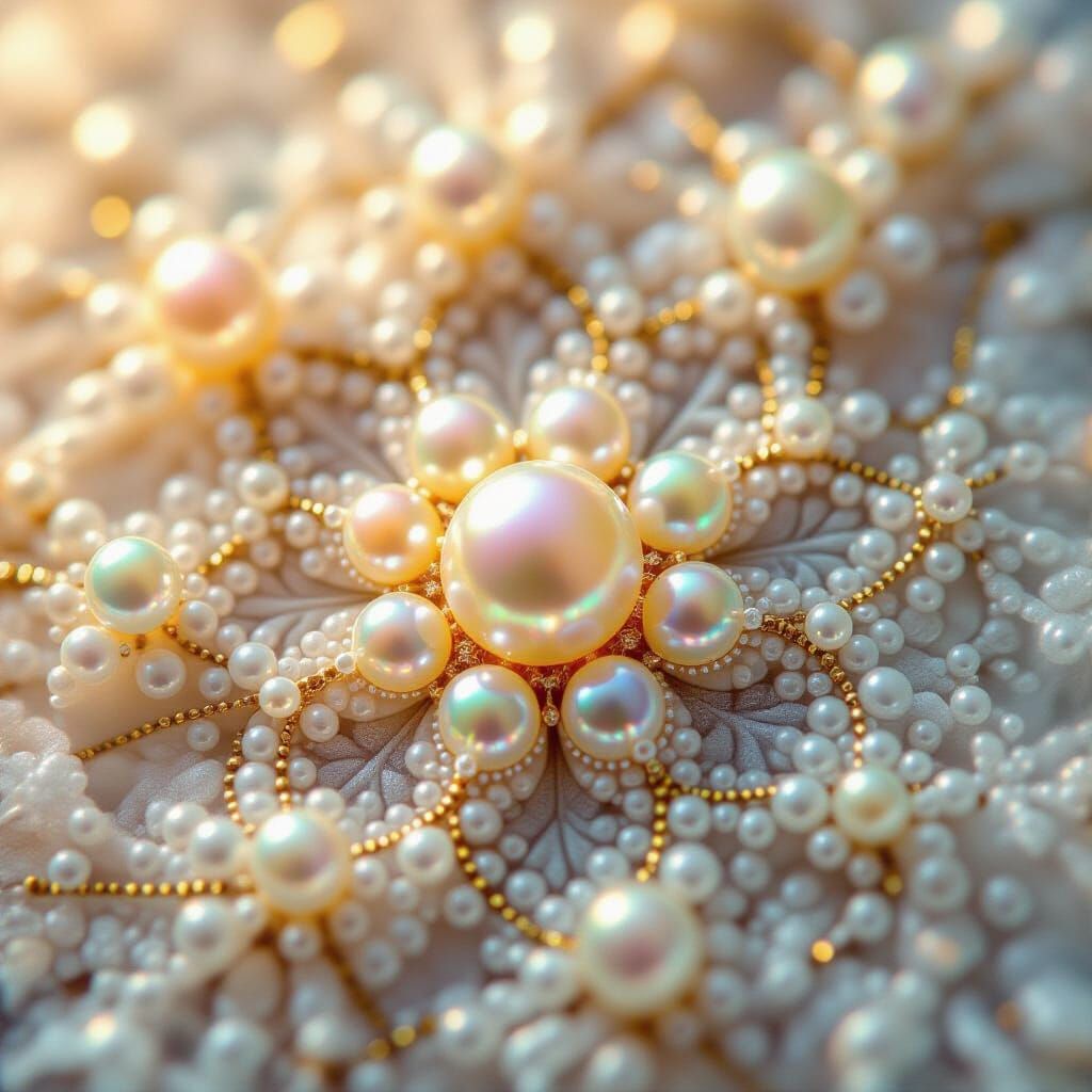 A macro photograph of a fractal pattern created with iridescent pearls and golden threads, illuminated by soft, ethereal light.
