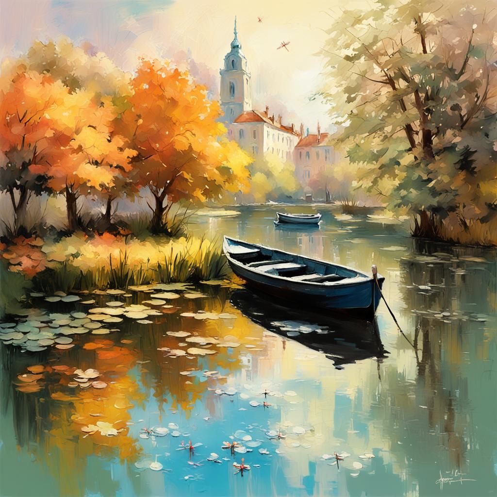pond, boat, trees, plants in a nice city
