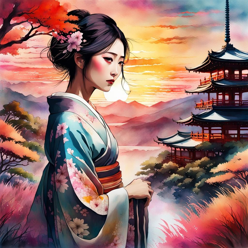 Japanese watercolor landscape - AI Generated Artwork - NightCafe Creator