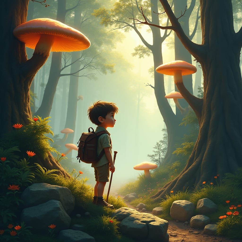 Boy at Misty Forest Edge: Fantasy Matte Painting