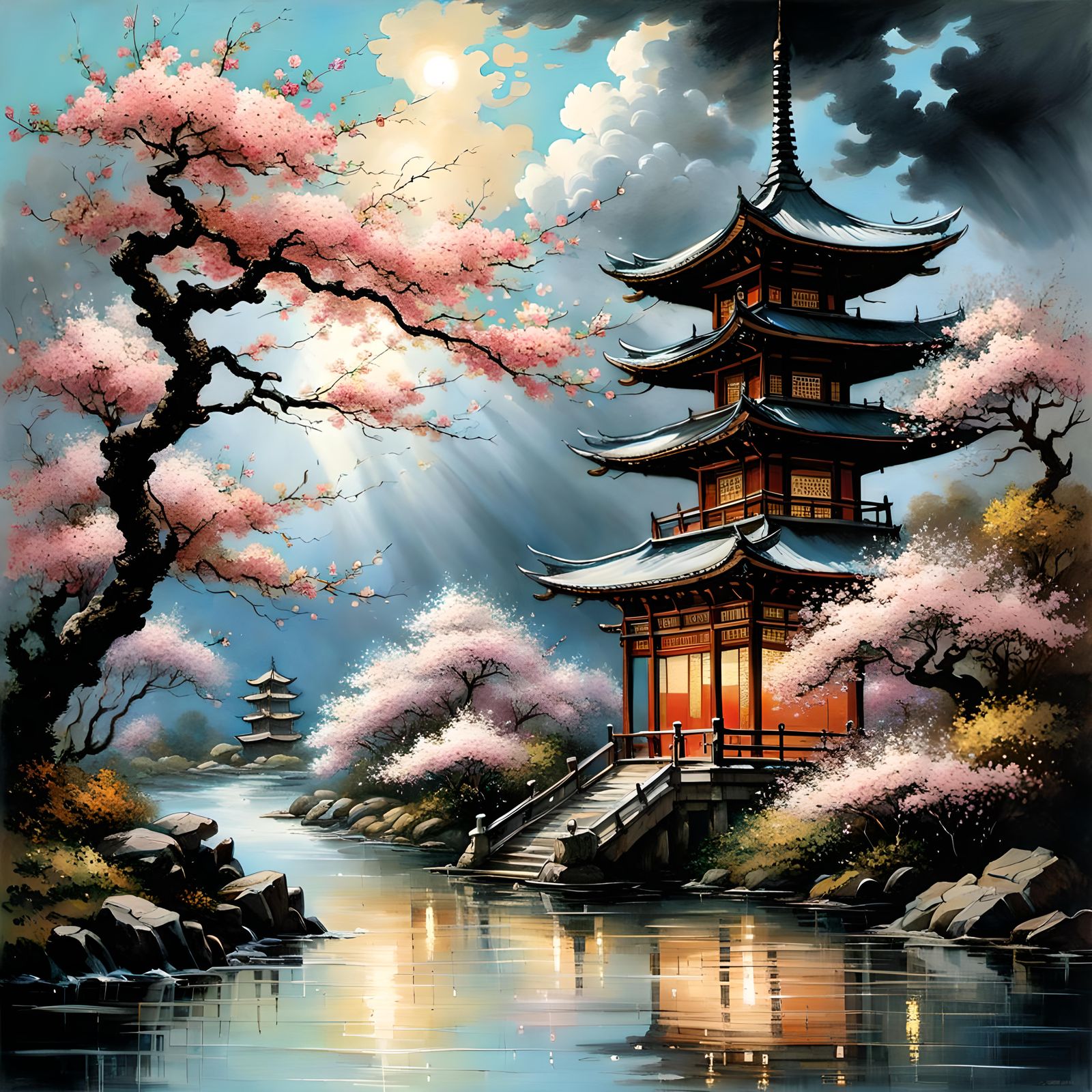 Cherry Blossom Trees, Pagoda and Brook  by @TheFireElemental