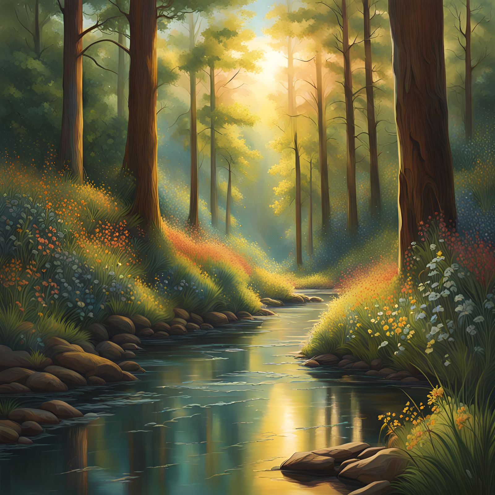 The forest is rich with life, featuring tall trees and swayi...
