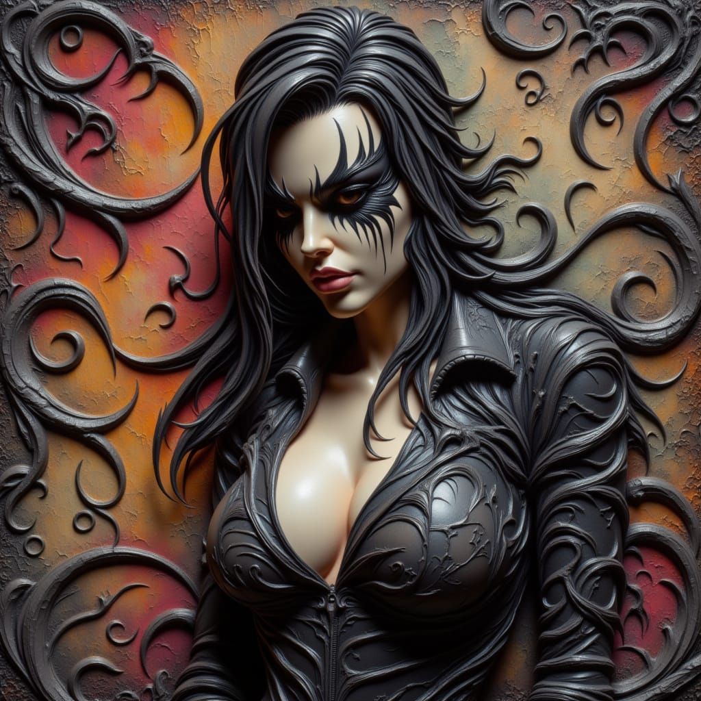 <lora:-Savagela-:1.0>  a hyperrealistic image of a attractive woman in the style of Simon Bisley with a sinister mood and a more sinister ba...
