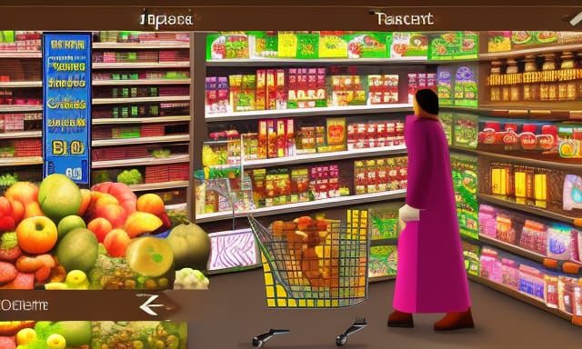 A woman shopping in the supermarket full of products hyperde...