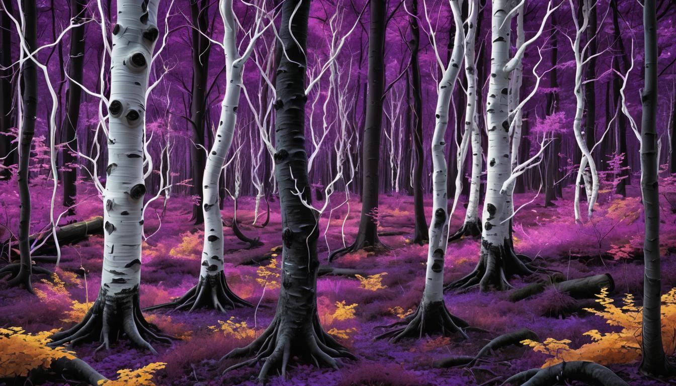Photorealistic forest with Maple trees, white birch and spru...