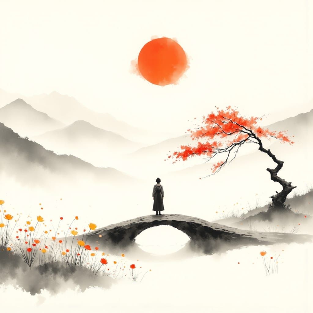 A tranquil Sumi-e style painting of a lone figure in traditional robes standing atop a small arched stone bridge, surrounded by soft mist an...