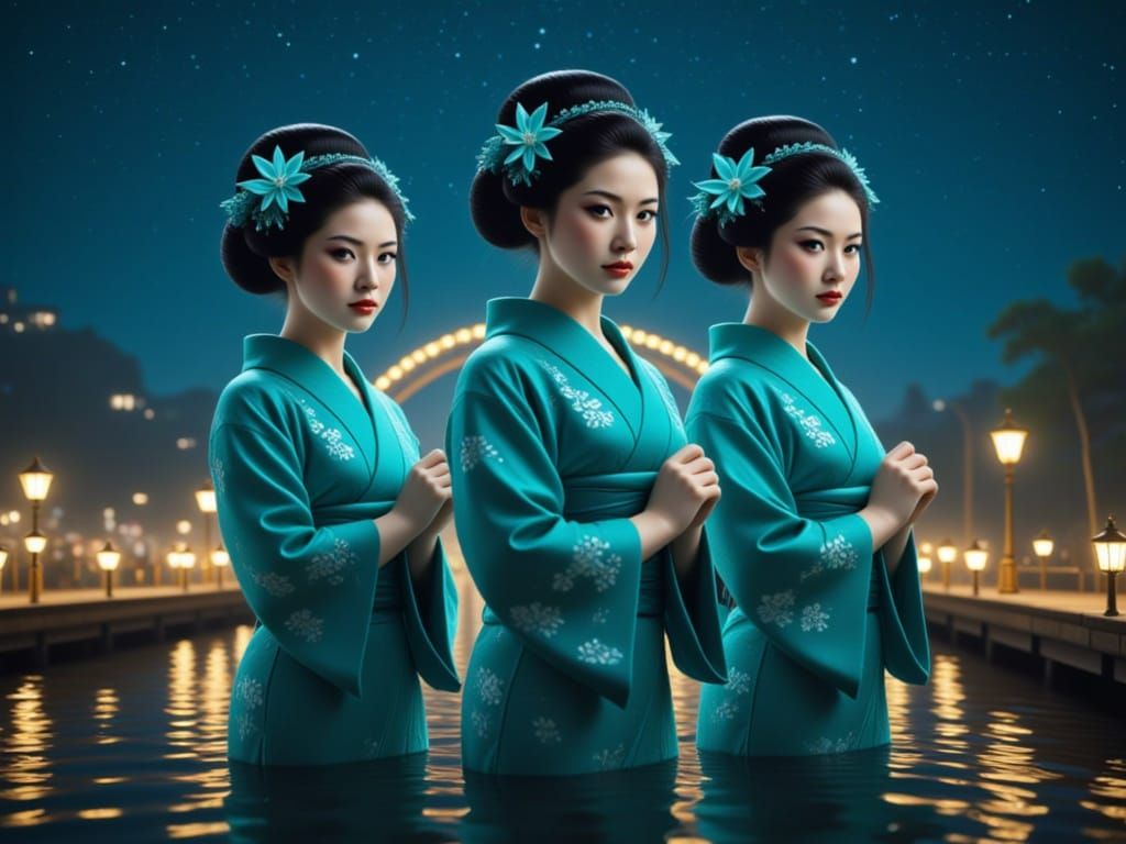 Trio Geisha with Starlit Celestial Bridge
"A photorealistic trio of geisha with bold teal eyes and matching teal kimonos, high resolution, c...