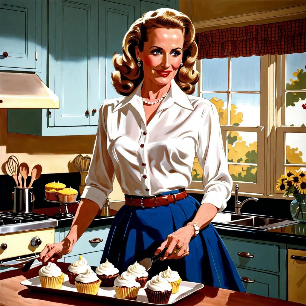 Marlee Matlin baking cupcakes in a sunny Gil Elvgren kitchen 1950s ...