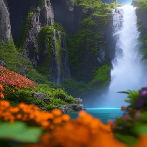 Waterfall surrounded by beautiful flowers