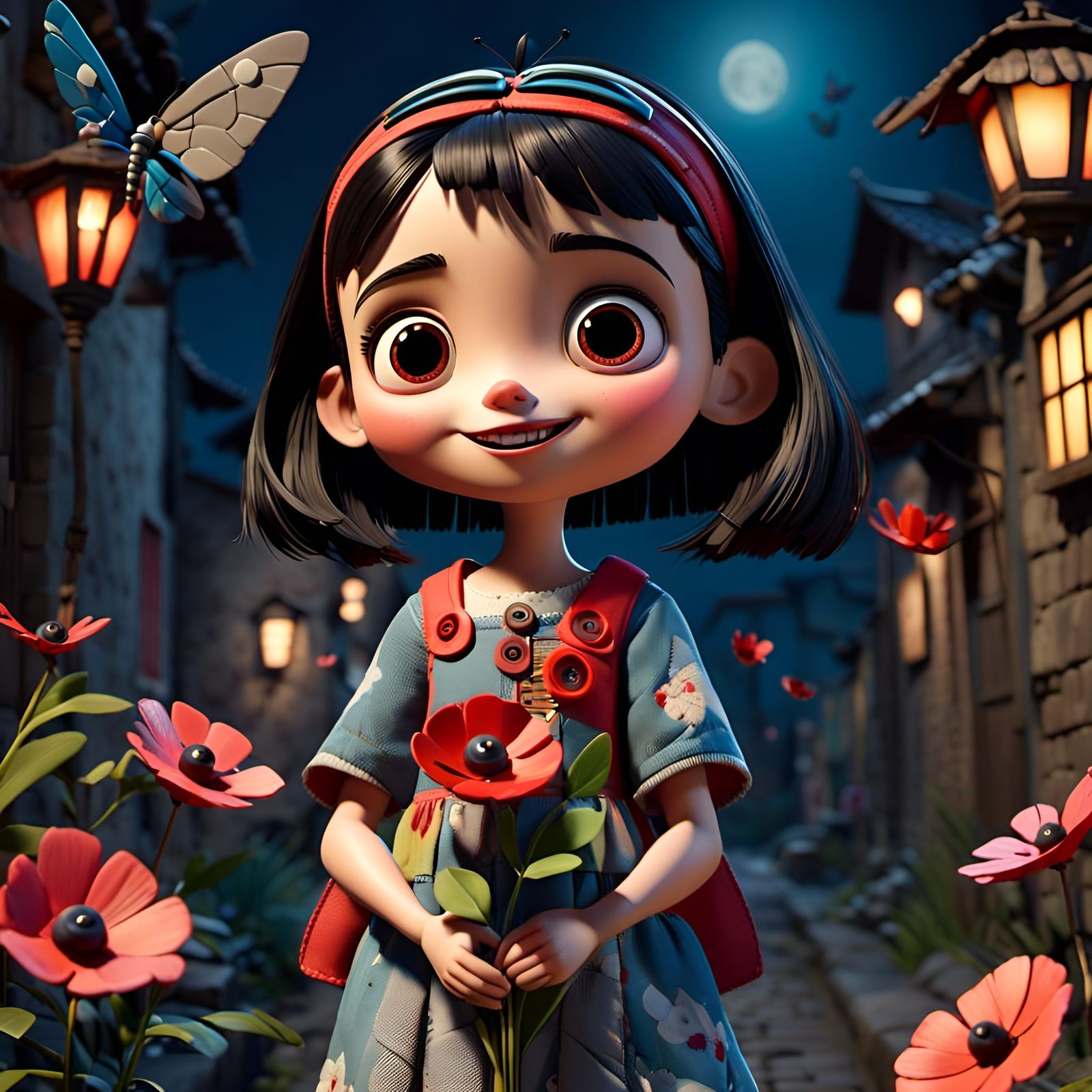  <lora:Dollify:1.0>a girl (holding a flower:2)