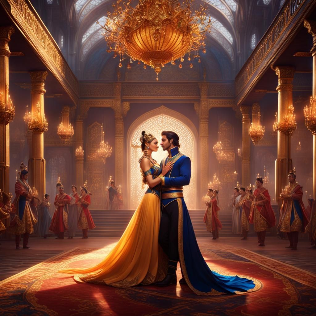 a handsome prince  and a beautiful girl attending a royal da...