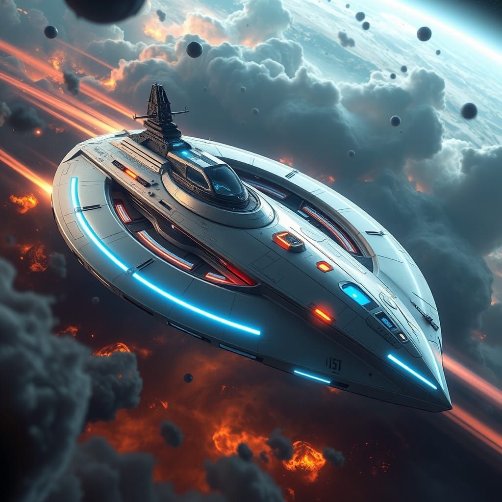 A colossal, sleek, and menacing geometric torus-shaped futuristic military spaceship destroyer, with a predominantly white hull punctuated b...