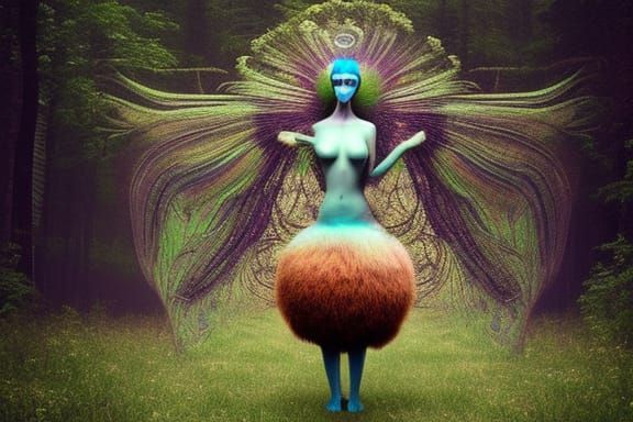 surreal woman half white peacock and half colorful peacock, ...