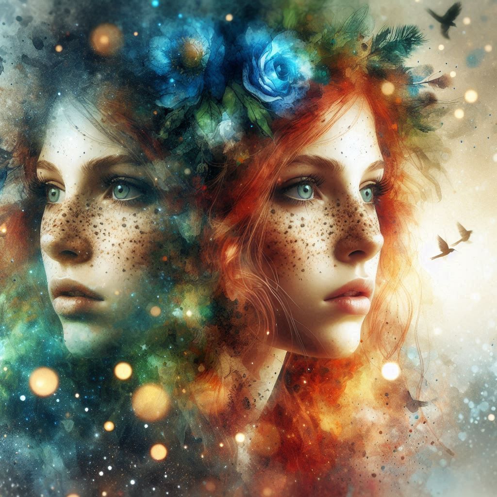 double exposure beautiful fantasy DALL-E 3 portrait landscape..