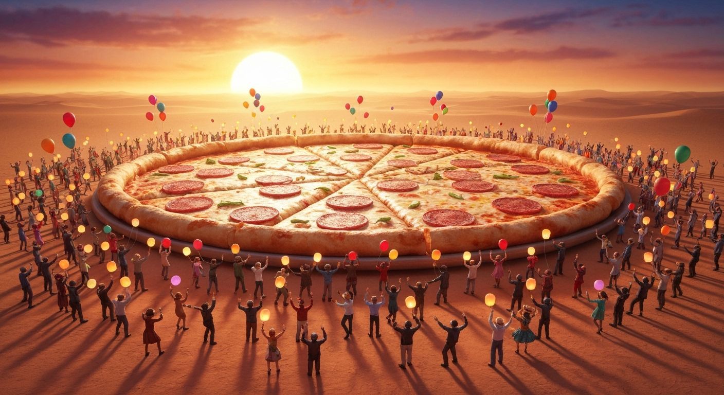 The Great Pizza Celebration – (Pop Surrealism / Whimsical)

A massive pizza the size of a stadium sits in a desert, thousands of tiny people...