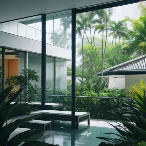 The view of the modernist architecture outside echoes the mo...