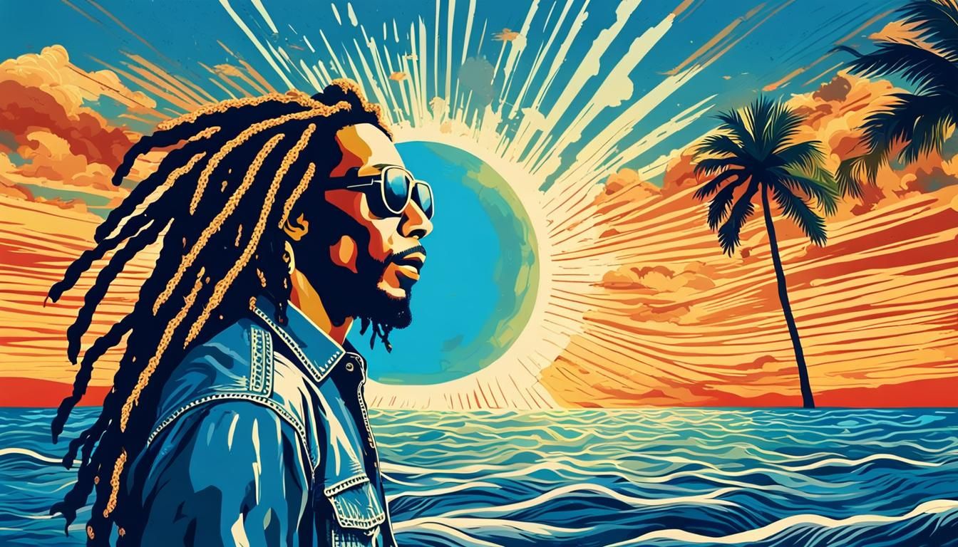 bob marley standing waist deep in ocean, wearing denim shirt...