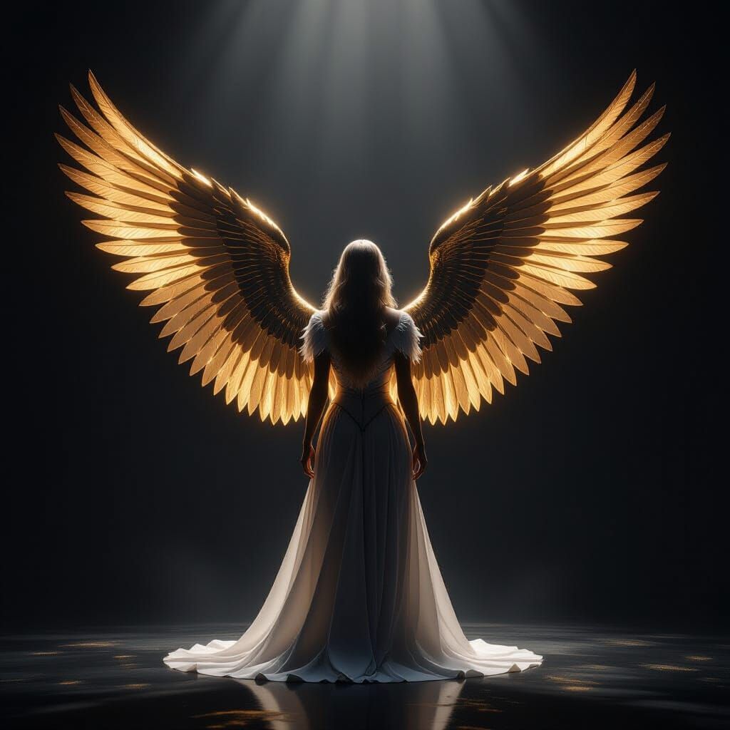 An angel in the darkness with wings, one golden and one bronze. Realistic.