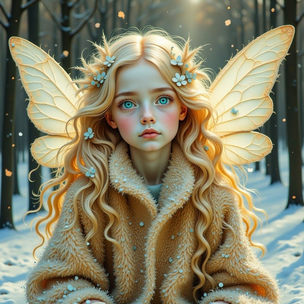 <lora:Lovely portrait:1.0>A Winter's Fairy with a warm coat and white wings.