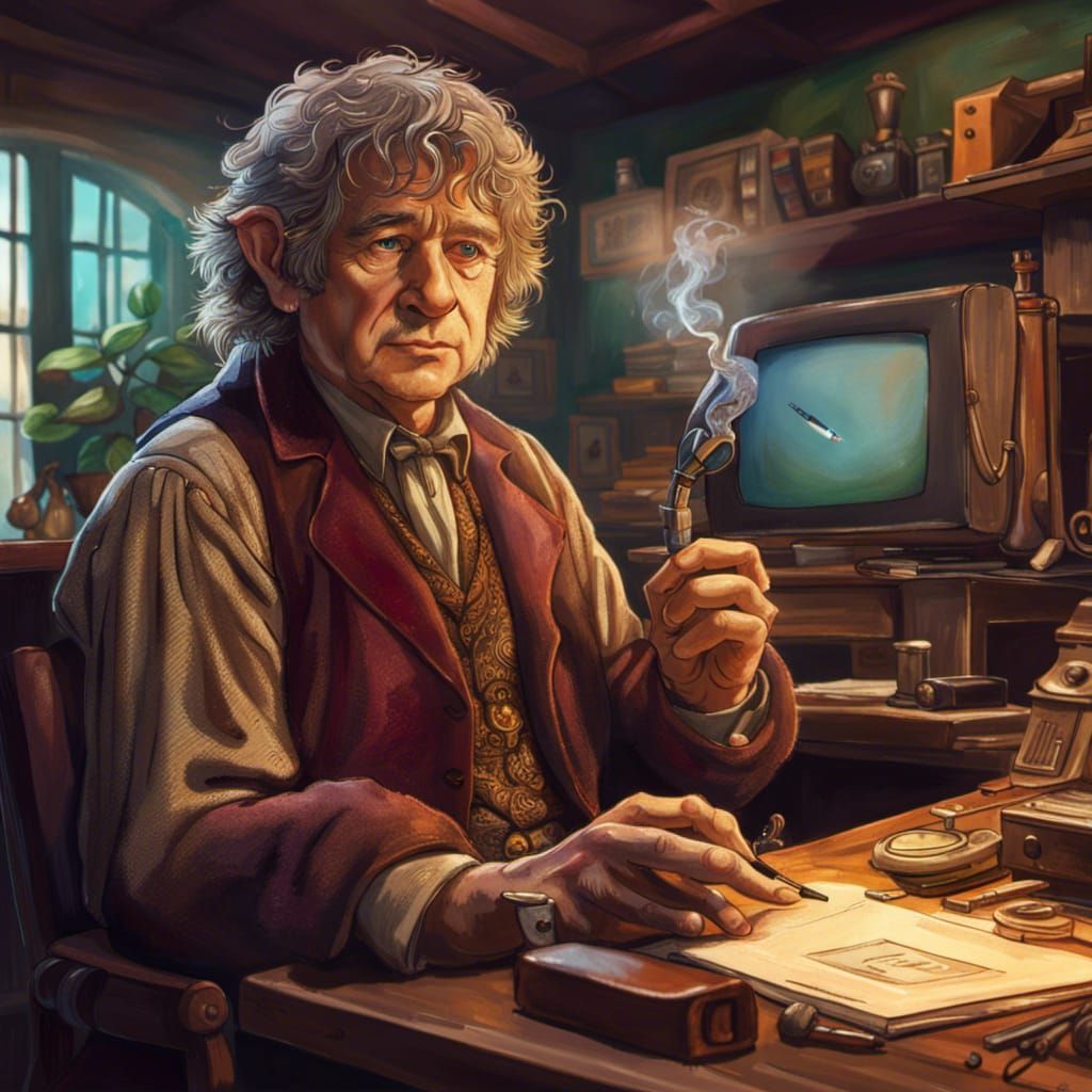 Bilbo Baggins in the office of his hobbit house sitting at a retro ...