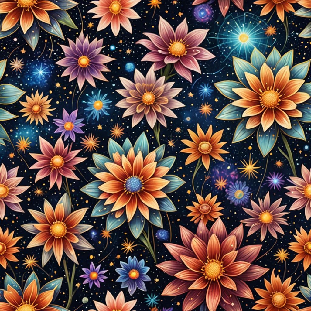 Illustrate a close-up of flowers in bloom, their petals made...