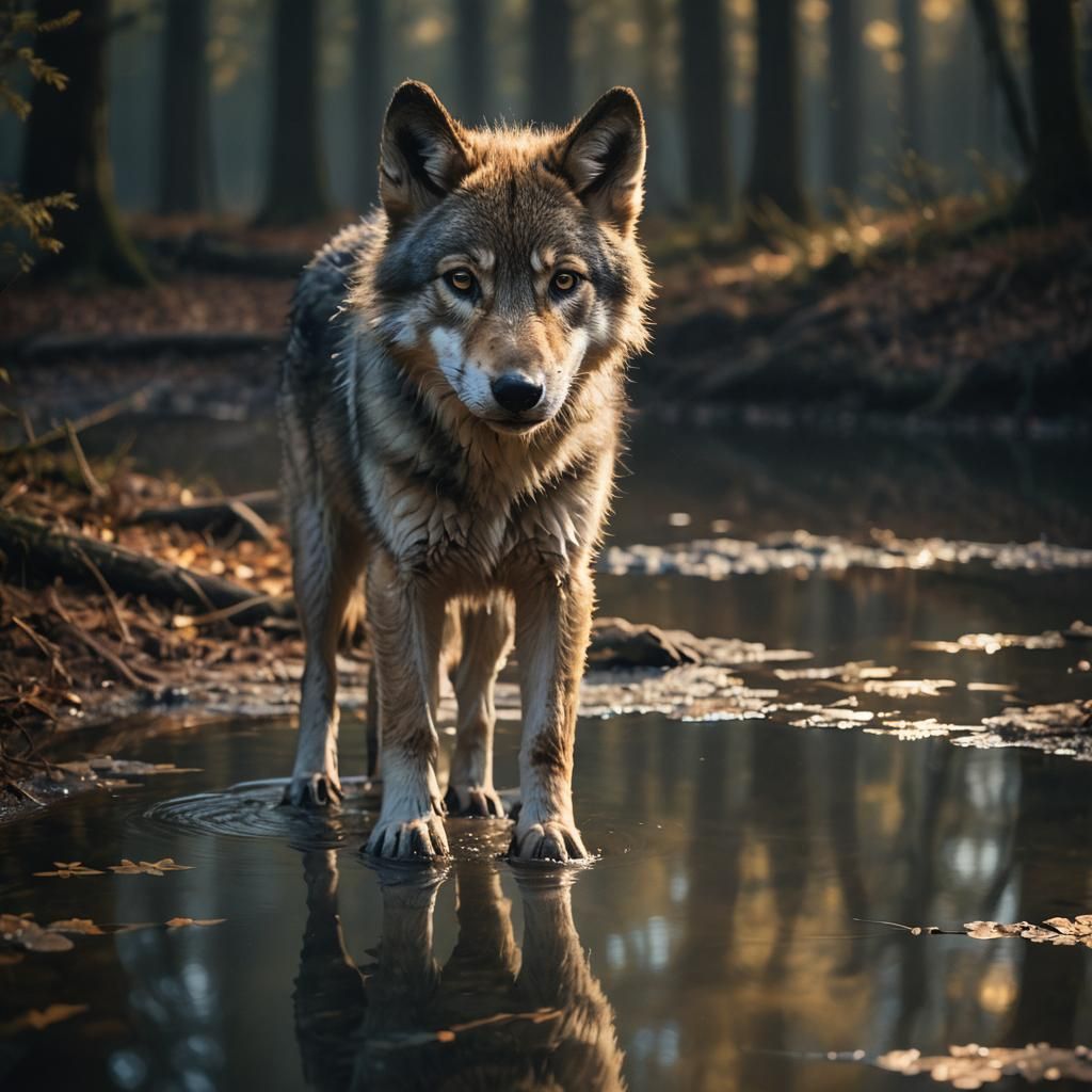 Closeup portrait shot of a Wolf pup on a bank looking down at its reflection in a pool of water. In a misty atmospheric forest. Dramatic cin...
