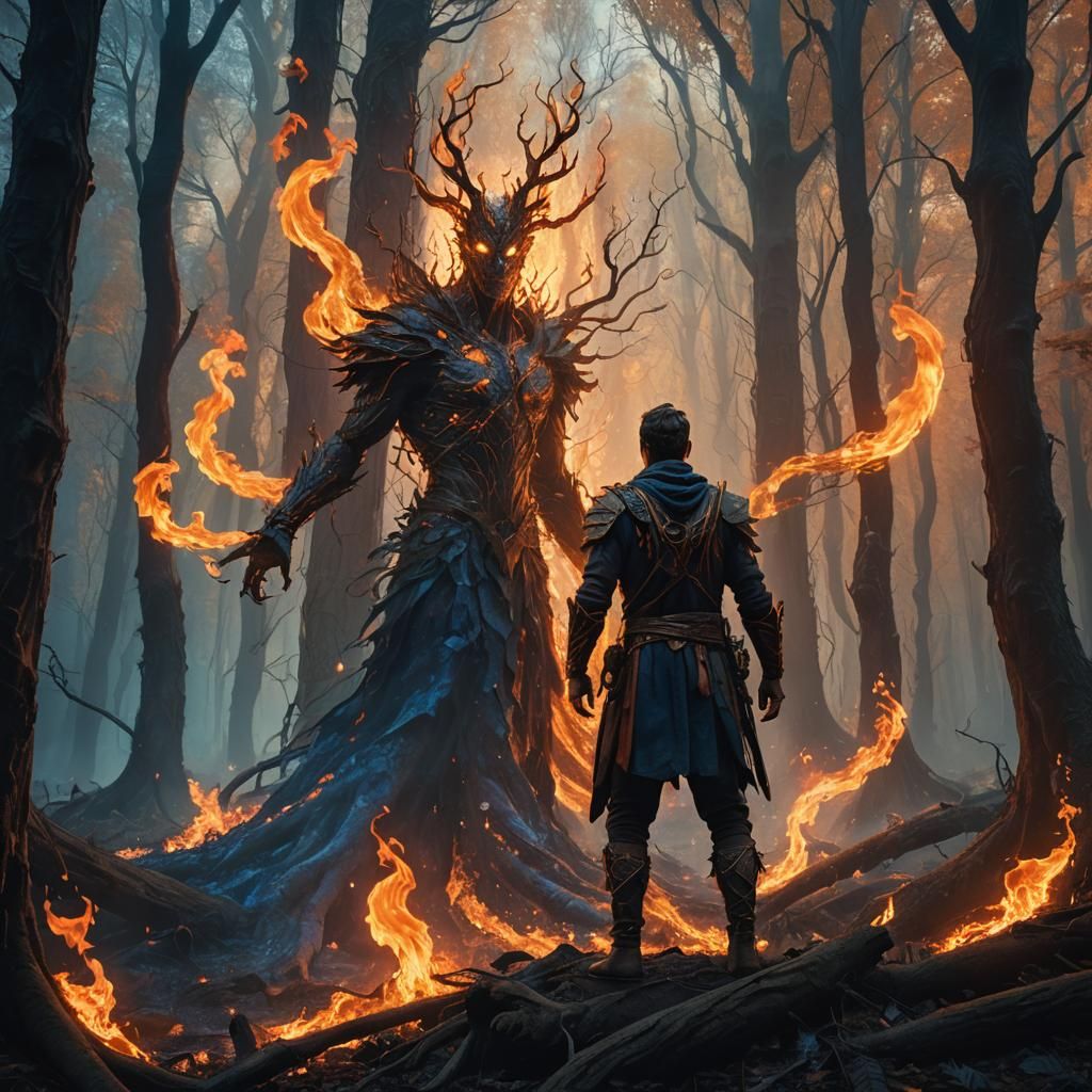 Fiery Man in Mystical Forest: Fantasy Concept Art