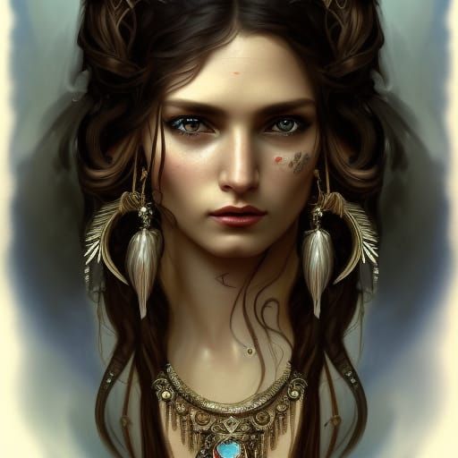 intricate detailed realisticgypsy woman with dark wavy flowi...