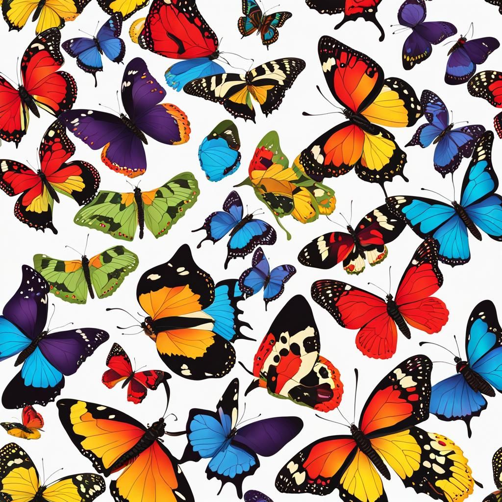 Several very colorful butterflies with a few flowers white b...
