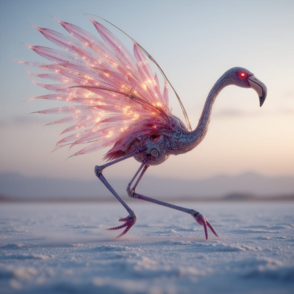 <lora:Animal Mutants:1.0> HD photography of a sci-fi alien mutant flamingo with fractal joint extensions and vapor trail wings, pacing acros...