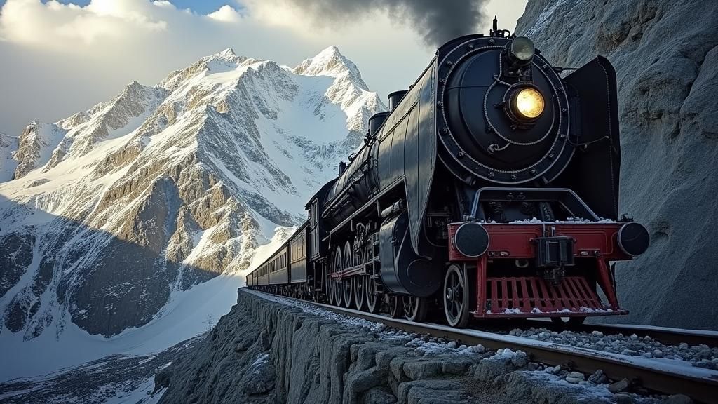 A low angle of a steam train on frozen tracks, on the side of a cliff, snowy mountains in the background