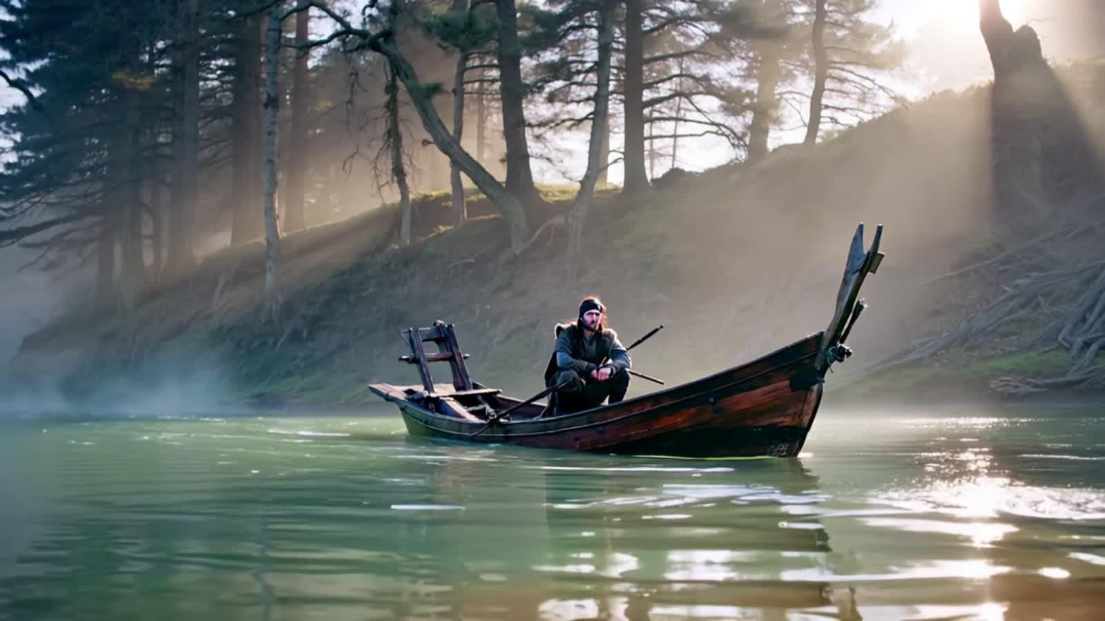 A lone viking crouches in a small long boat sailing slowly up a misty river at dawn, arrows begin to rain down on the bo...