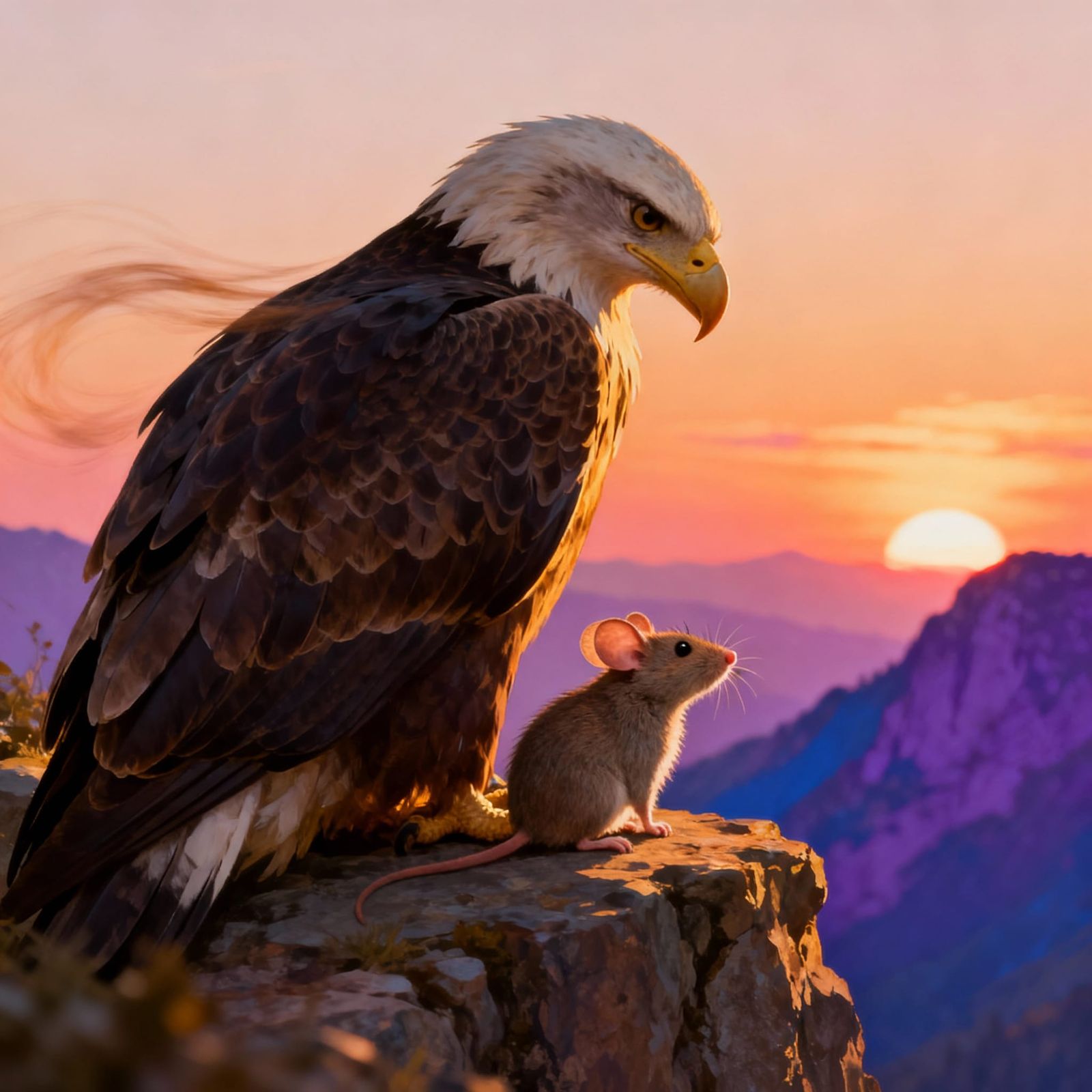"An eagle and a mouse sitting together as unlikely friends on a cliff edge at sunset. The eagle’s powerful ...  by @AJ