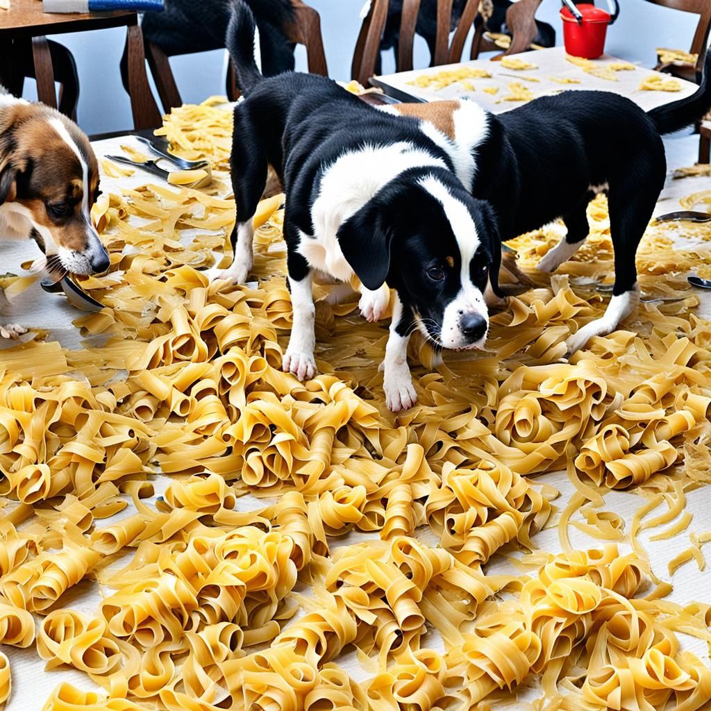 lots of dogs eating lots of pasta that has been spilled on a...