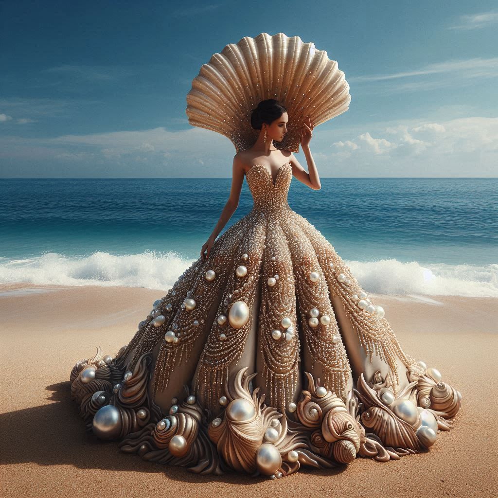 woman in a dress shaped like a large shell
