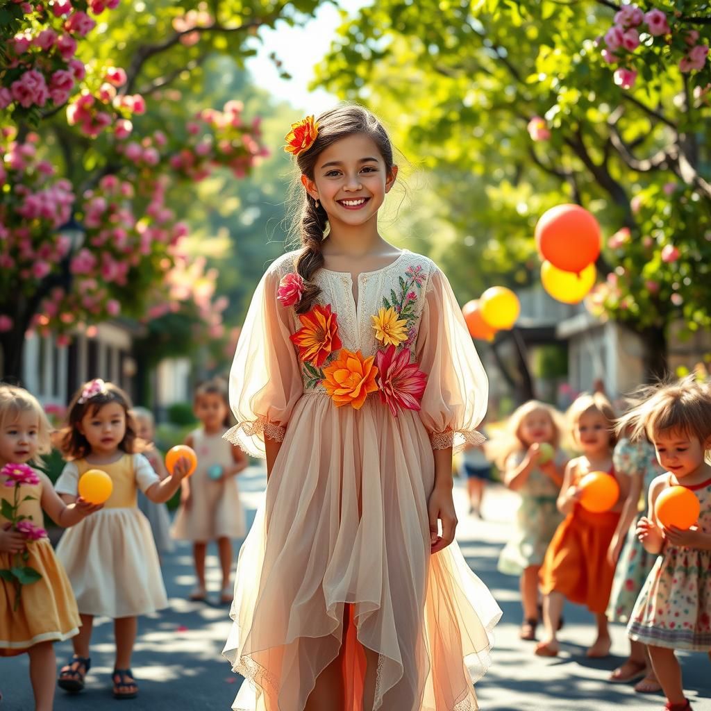 "A 20-year-old girl dressed in a flowing, elegant outfit ado...