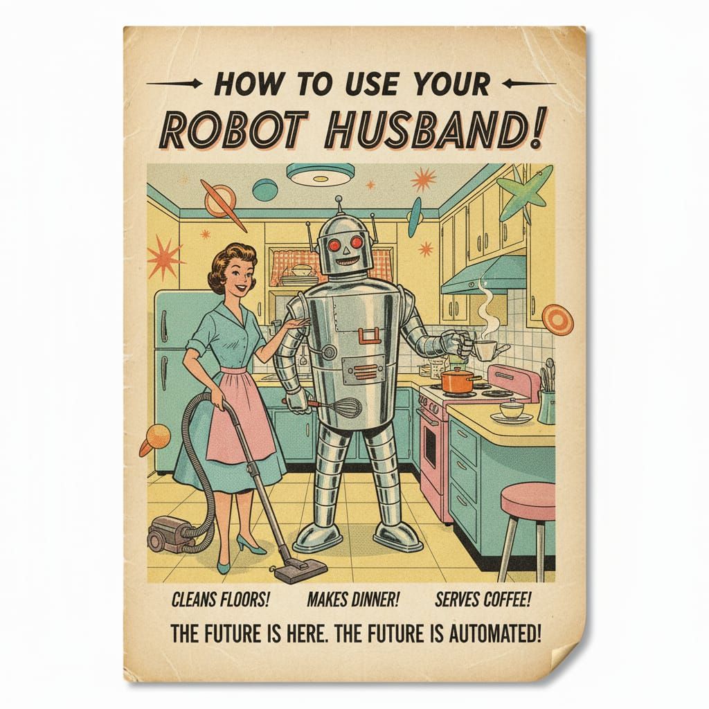 Retro Illustrations - 1950s magazine ad “How to Use Your Robot Husband!”  by @DreamyNCStudioMaster