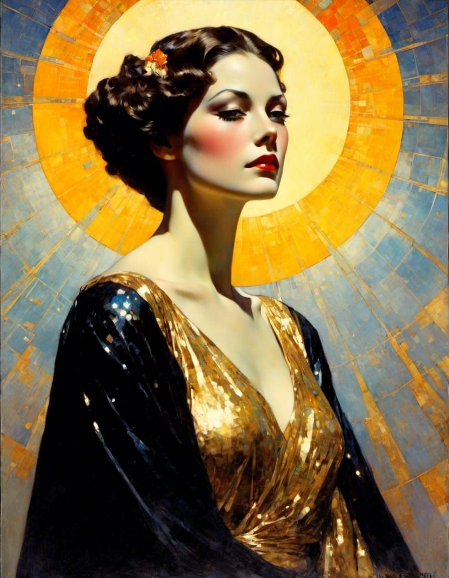 N.C. Wyeth, Olga portrait, golden shimmer, gilded sunset, sparkling celestial sky, radiant iridescent <lora:Scrapbook Doodles:1.0> <lora:Mac...