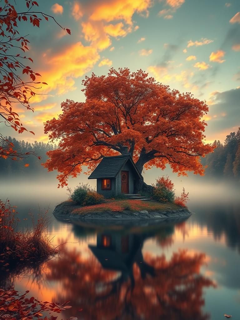 Fairy cottage on a floating island in a lake under a tree of exploding autumn leaves, fairytale atmosphere, ...  by @Misha