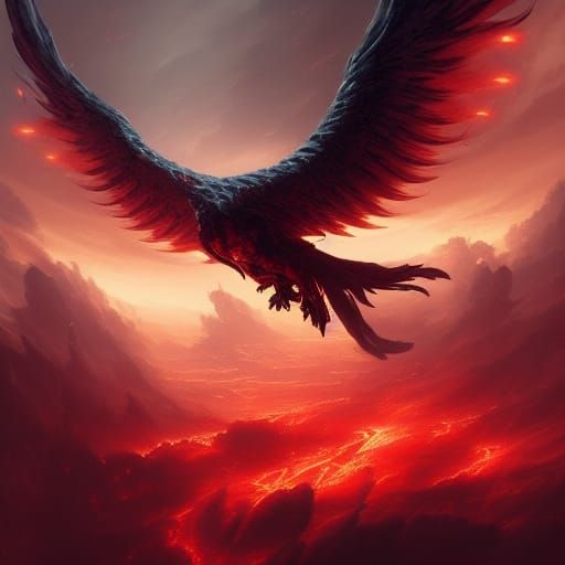 Giant Cyborg Phoenix Hovering Over A Red Ocean