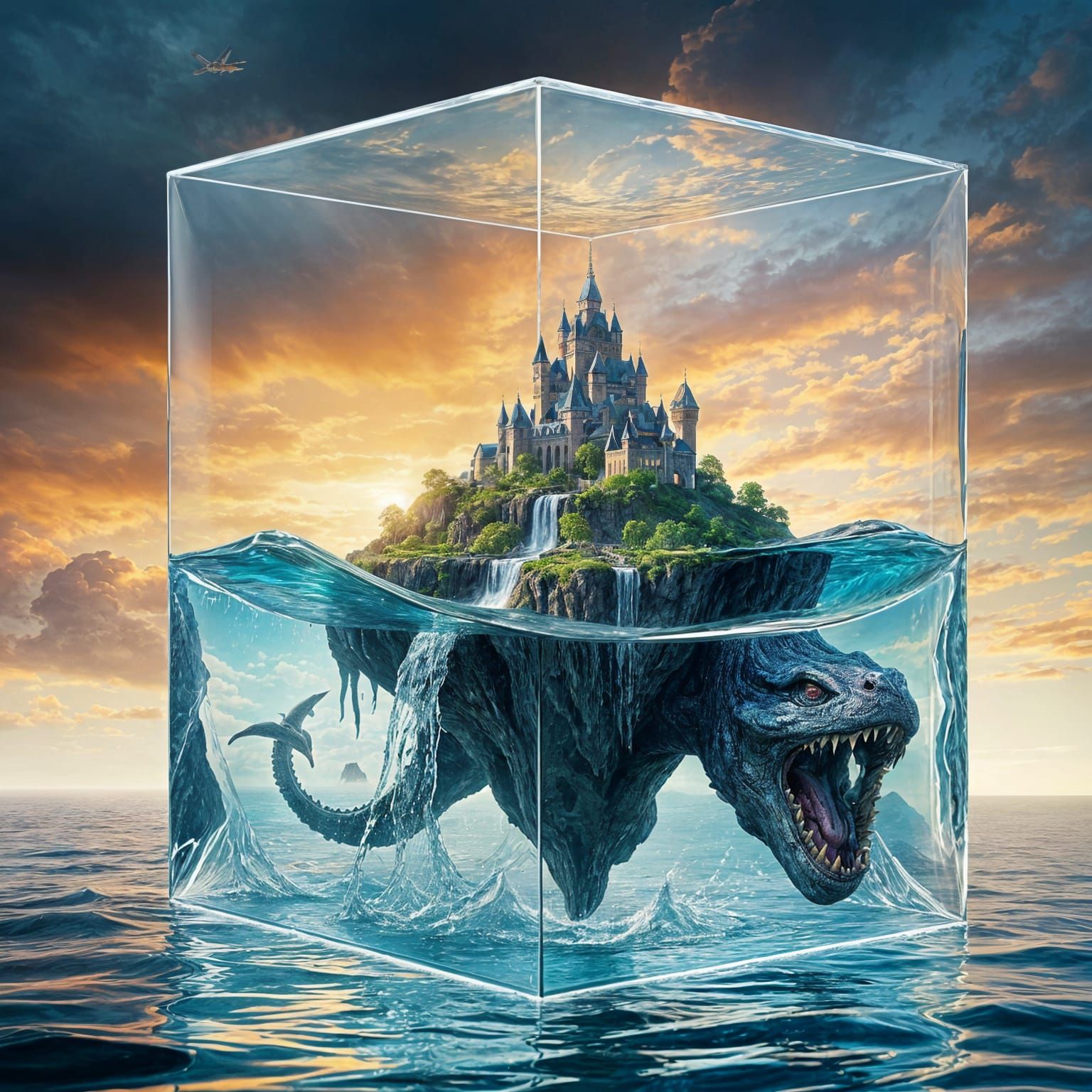 inside a transparent glass cube is a flying island with a mountain range, a castle and a waterfall. water ...  by @Likvi